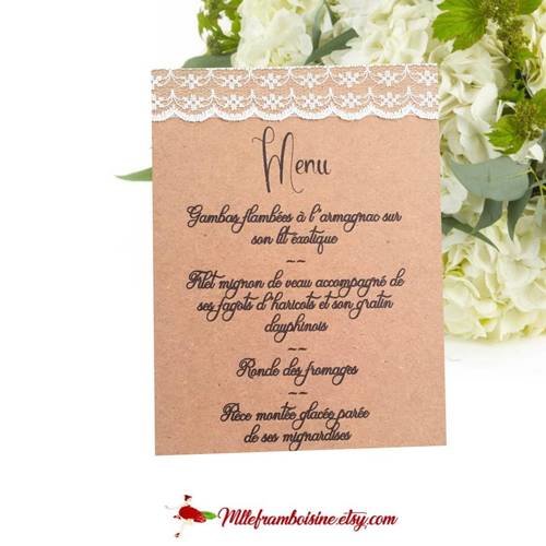 Menu Kraft Pour Mariage Bapteme Communion Anniversaire Kraft Naturel Et Dentelle Ivoire Ou Blanche Un Grand Marche