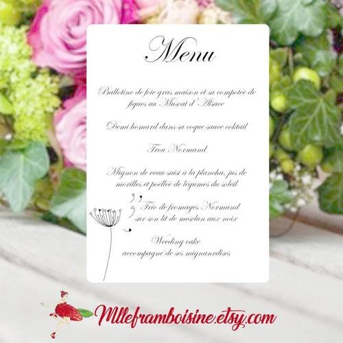 Menu table de mariage , anniversaire, communion, bapteme,  thème nature, motif floral et coeur, personnalisable