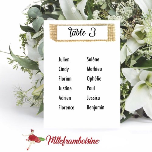 Plan de table, mariage champêtre, avec decoration en toile de jute, communion, baptême  anniversaire