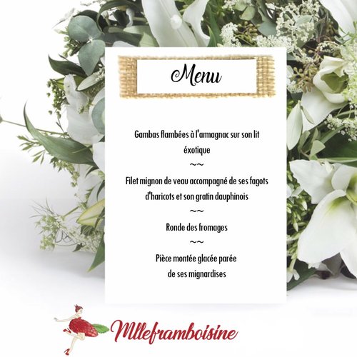 menu champetre pour anniversaire Menu Mariage Champetre Avec Decoration Toile De Jute menu champetre pour anniversaire