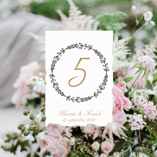 Numéro de table avec illustration couronne florale, noir et or, personnalisable