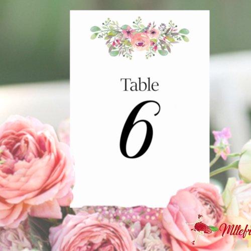 Numéro de table, plan de table, mariage floral, aquarelle 