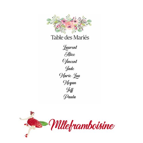 Plan de table mariage floral, carte personnalisée au motif floral