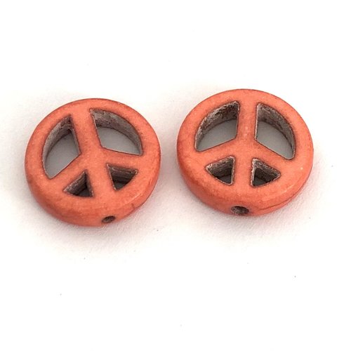 2 perles howlite peace and love corail 15 mm