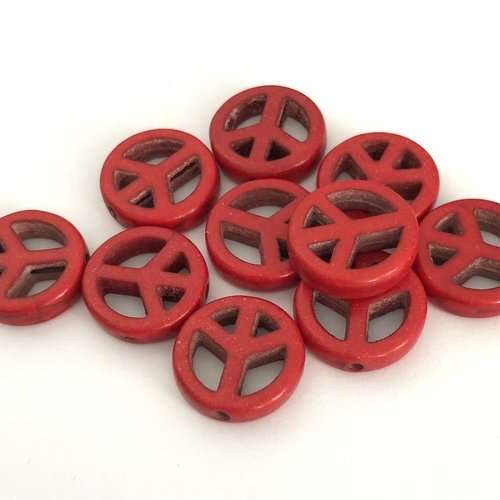 10 perles howlite peace and love rouge - 15mm