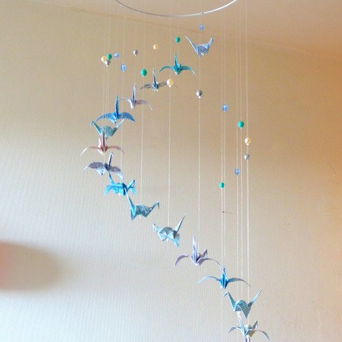 Mobile bébé origami spirale bleu, gris, turquoise