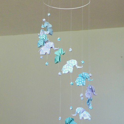 Mobile bébé origami, éléphants et etoiles, mint, gris, et blanc