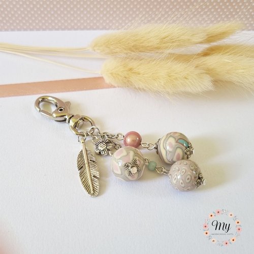 Bijou de sac 3 perles douceurs d'été plume et fleur