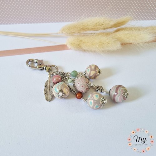 Bijou de sac 5 perles douceurs d'été plume et cœur