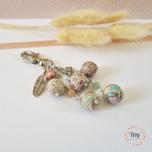 Bijou de sac 5 perles douceurs d'été plume et feuille