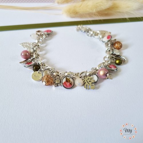 Bracelet à breloques "fleurs roses"
