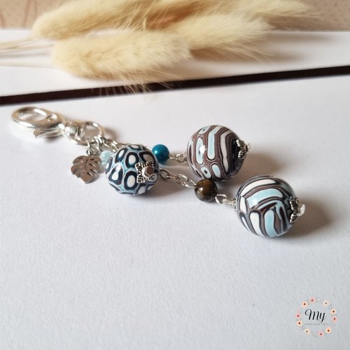 Bijou de sac 3 perles bleu choco feuille