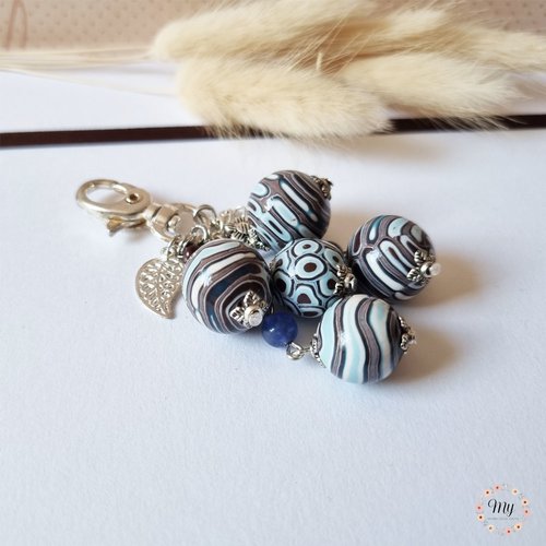 Bijou de sac 5 perles choco bleu fleur et feuille