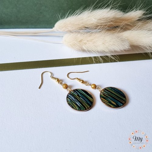 Boucles d'oreilles rondes rayures vert jaune 2