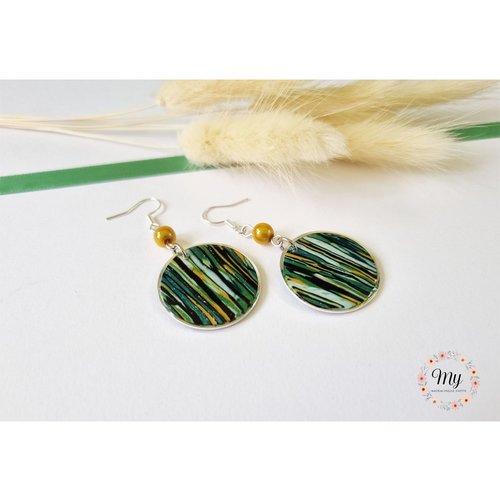 Boucles d'oreilles rondes rayures vert jaune