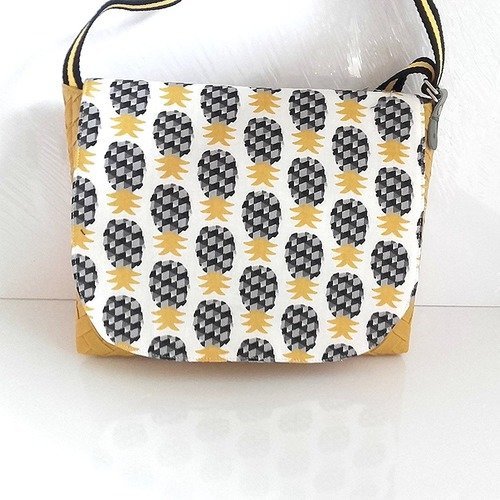 Vendu Sac Bandoulière Réglable Sac à Main Besace Sac Coton Ananas Sac Simili Cuir Jaune Moutarde Besace
