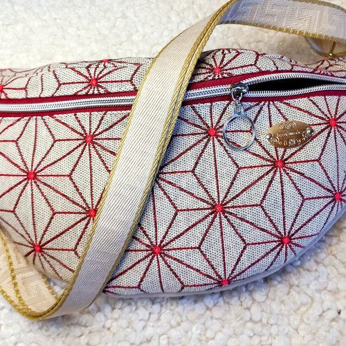 Sac banane adulte tissu jacquard japonisant, sac à porter travers du buste ou en ceinture, sacoche homme, sac femme ventral bandoulière