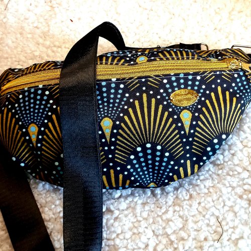 Sac banane xl en tissu wax femme bleu/noir/doré, pratique, artisanat africain, sac banane bandoulière, cadeau femme