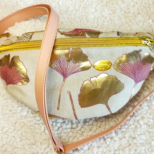 Sac banane tissu effet lin motifs feuilles de ginkgo- style élégant et pratique, sac poitrine, cadeau chic pour épouse, maman
