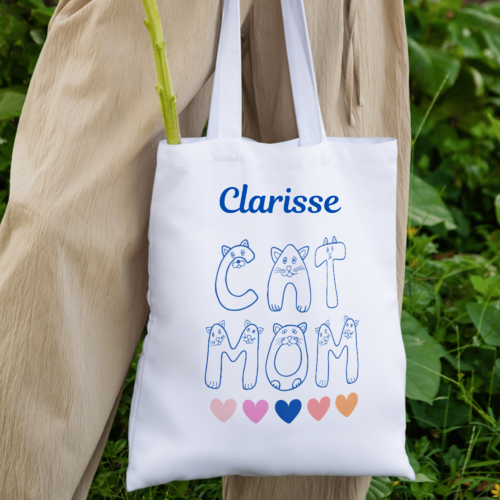 Cabas personnalisable, fourre-tout, sac shopping, tote-bag coton blanc- "cat mum", pour le fans des chats