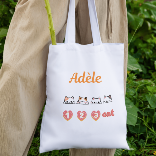 Cabas personnalisé, fourre-tout, sac shopping,tote-bag en coton blanc- design "chats mignons"- pour les amoureux des chats, mamie, maman
