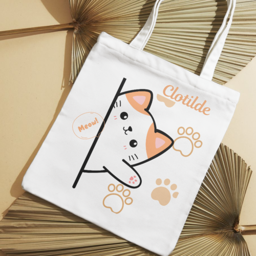 Cabas personnalisé, fourre-tout, sac shopping, tote-bag en coton blanc- design "chaton"-personnalisable pour les amoureux des chats, mamie