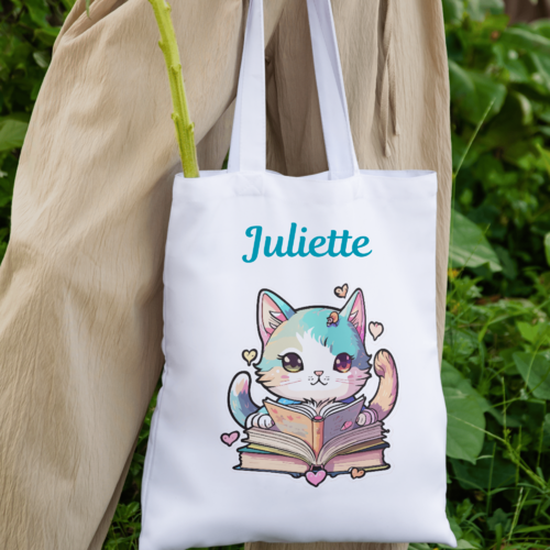 Cabas personnalisable, fourre-tout, sac shopping, tote-bag coton blanc- "chat lisant" pour les fans de chats et lecture