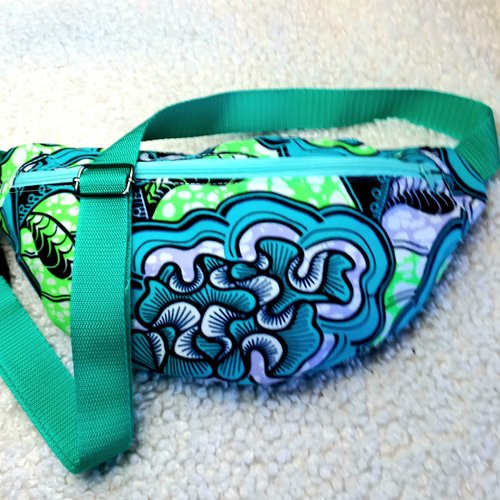 Sac banane en wax femme turquoise/vert,bleu, pratique, artisanat africain, sac banane bandoulière, cadeau maîtresse, maman
