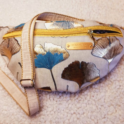 Sac banane tissu effet lin motifs feuilles de ginkgo- style élégant, pratique, sac poitrine, cadeau chic pour femme, maman