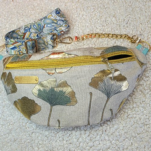 Vendu sac banane tissu effet lin motifs feuilles de ginkgo- style élégant, pratique, sac poitrine, cadeau chic pour femme