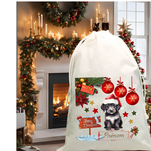Hotte de noël personnalisée "chiot" en coton avec cordon de serrage "merry christmas"– parfait pour glisser les cadeaux des enfants.