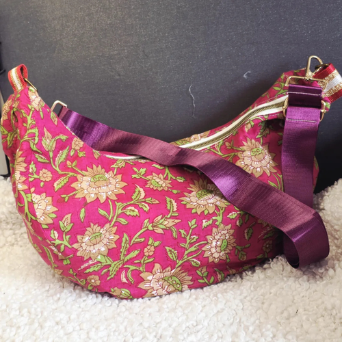 Sac demi lune tissu indien blockprint–création et impressions artisanales, sac banane souple bandoulière