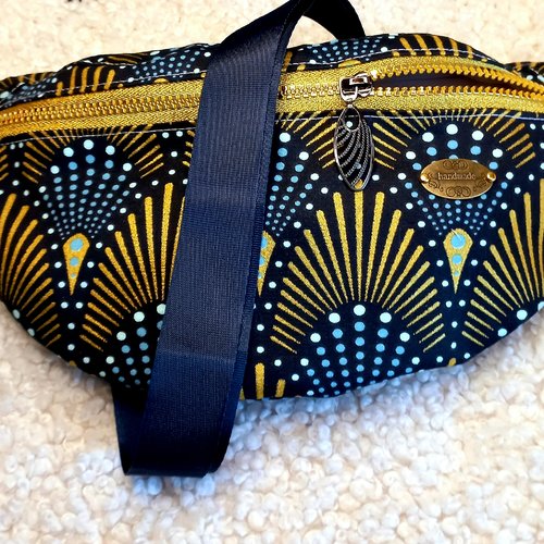 Vendu sac banane xl en tissu wax femme bleu/noir/doré, pratique, artisanat africain, sac banane bandoulière