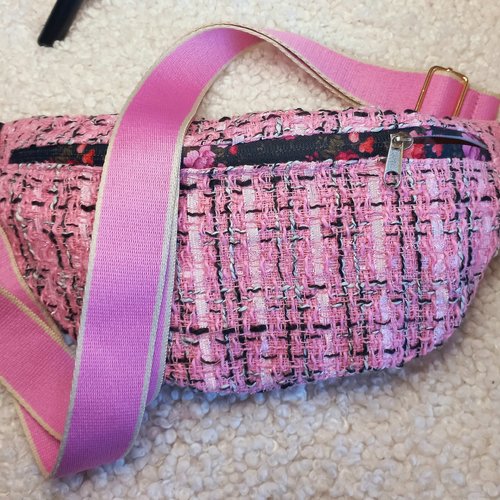 Sac banane en tweed rose et noir - élégance et mode à l'état pur! sac ventre, poitrine, taille, banane bandoulière