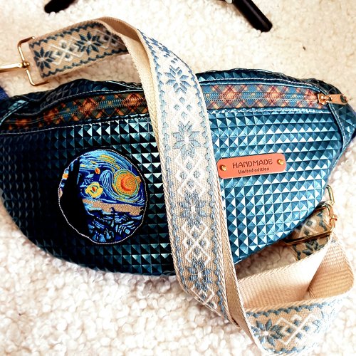 Vendu sac banane simili cuir bleu/vert brillant, scintillant, sac bandoulière réglable, sac taille, pour épouse, maman,