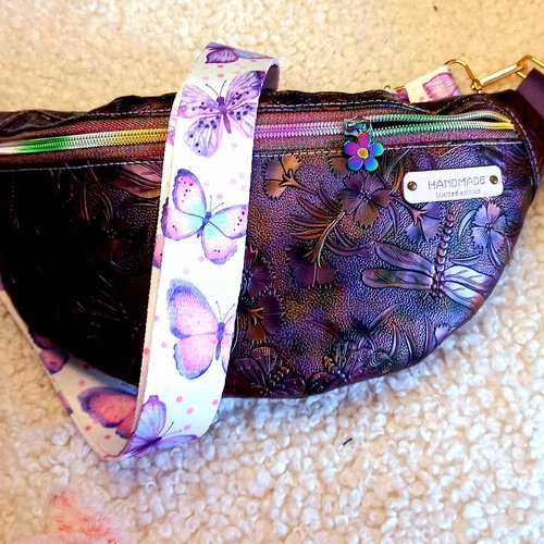 Vendu sac banane simili cuir mauve brillant, libellule, papillon, fleurs, sac bandoulière réglable, pour épouse, maman