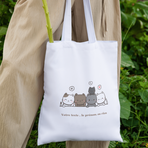 Cabas, fourre-tout, sac shopping,tote-bag en coton blanc- design "chats mignons"-personnalisable pour les amoureux des chats, mamie