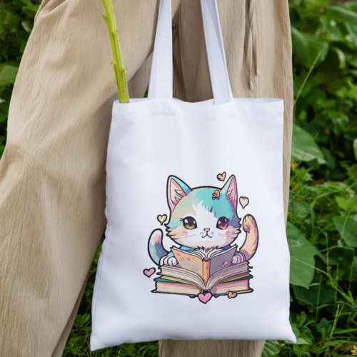 Cabas, fourre-tout, sac shopping,tote-bag en coton blanc- design "chat lisant"-personnalisable pour les fans de chat et lecture