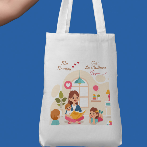 Sac fourre-tout, shopping, plage, bibliothèque "ma nounou c'est la meilleure" choisissez votre propre texte. design unique conçu par moi