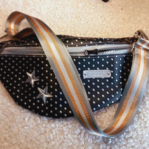 Sac banane simili cuir noir dots argentés, esprit rock, masculin, banane bandoulière, cadeau pour homme ou femme