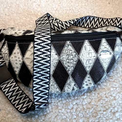 Vendu sac banane simili cuir noir/gris, géométrique, banane bandoulière, sac à dos, cadeau pour épouse