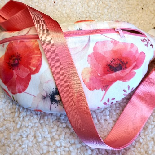 Sac banane tissu effet lin avec impressions coquelicots- style élégant, style floral, banane bandoulière, cadeau pour femme,