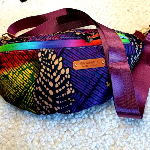 Vendu sac banane xl en tissu wax femme noir/rose/mauve, pratique, artisanat africain, sac banane bandoulière