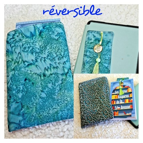 Pochette + marque page offert pour livre, réversible, housse liseuse, protection livre format poche, idée de cadeau pour lecteur
