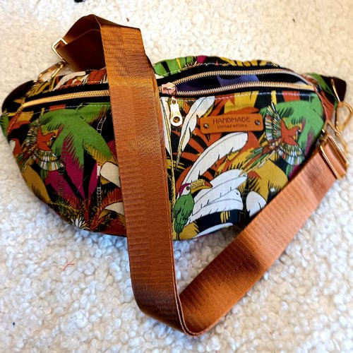 Vendu sac banane xl en tissu wax femme vert/jaune/mauve tropical, artisanat africain, sac banane bandoulière