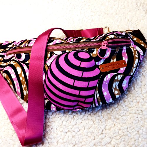 Sac banane wax femme rose/noir, artisanat africain, sac banane bandoulière amovible, cadeau pour épouse, maman mamie