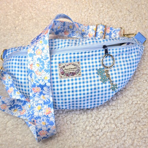 Sac banane vichy bleu et blanc– style estival, pratique, banane bandoulière réglable, sac pour festival, voyage, vacances, balades