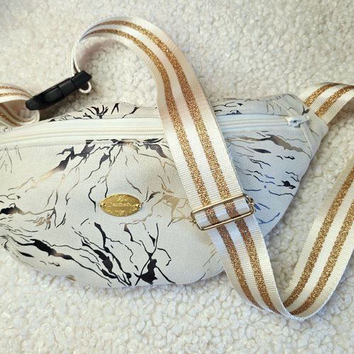 Sac banane tissu suédine crème et foil doré, pratique, élégant, idéal pour la rentrée, sac bandoulière, sac à dos,