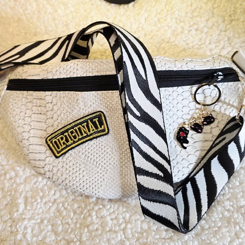 Sac banane simili cuir comodo blanc, effet peau de dragon, sac bandoulière réglable amovible
