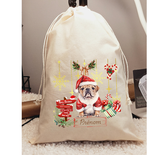 Sac cadeaux "chien, bonnet de noël", personnalisable, en coton , cordons de serrage, hotte du père noël pour enfant,